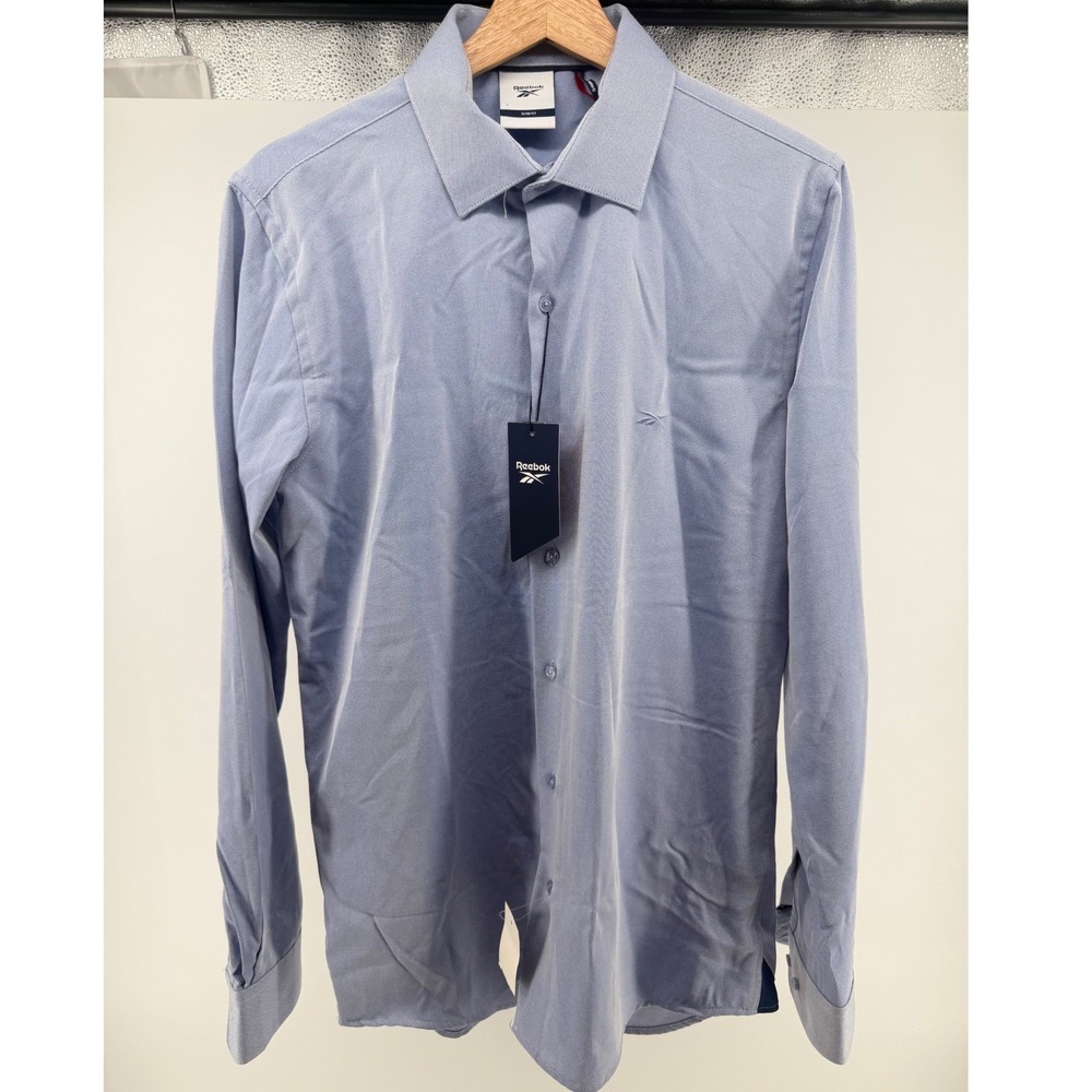 Reebok Men Slim Fit Serenity Pique Solid Blue Button Dress Shirt M 15-15.5 34-35